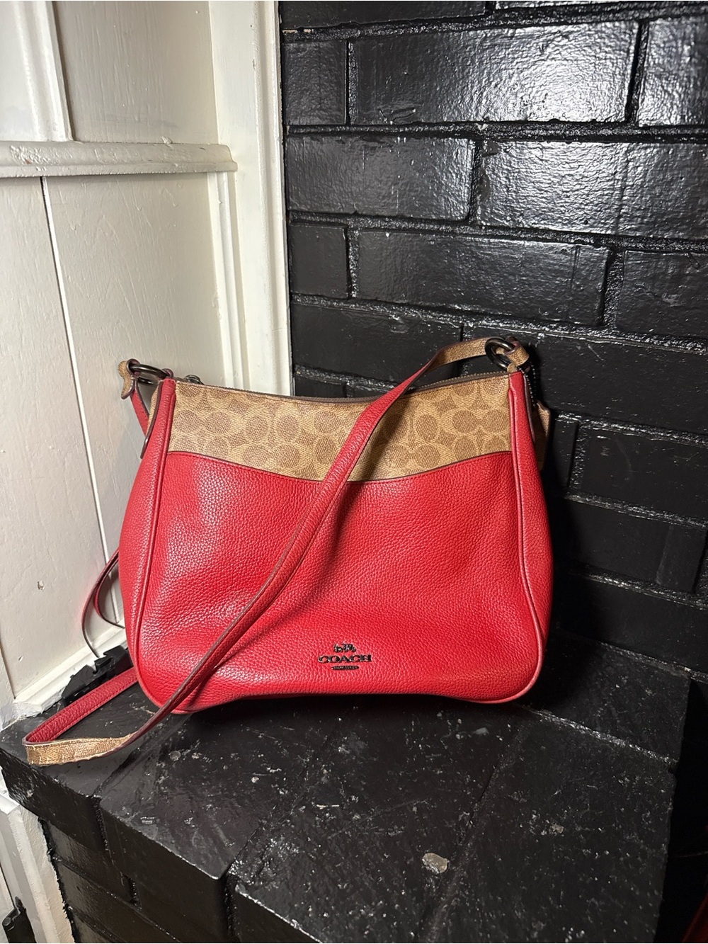 Coach Red Leather and Signature Canvas Shoulder Bag